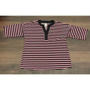 Sew in Love Pink and Black Striped V Neck Gabby Style Shirt Blouse 3/4 sleeve